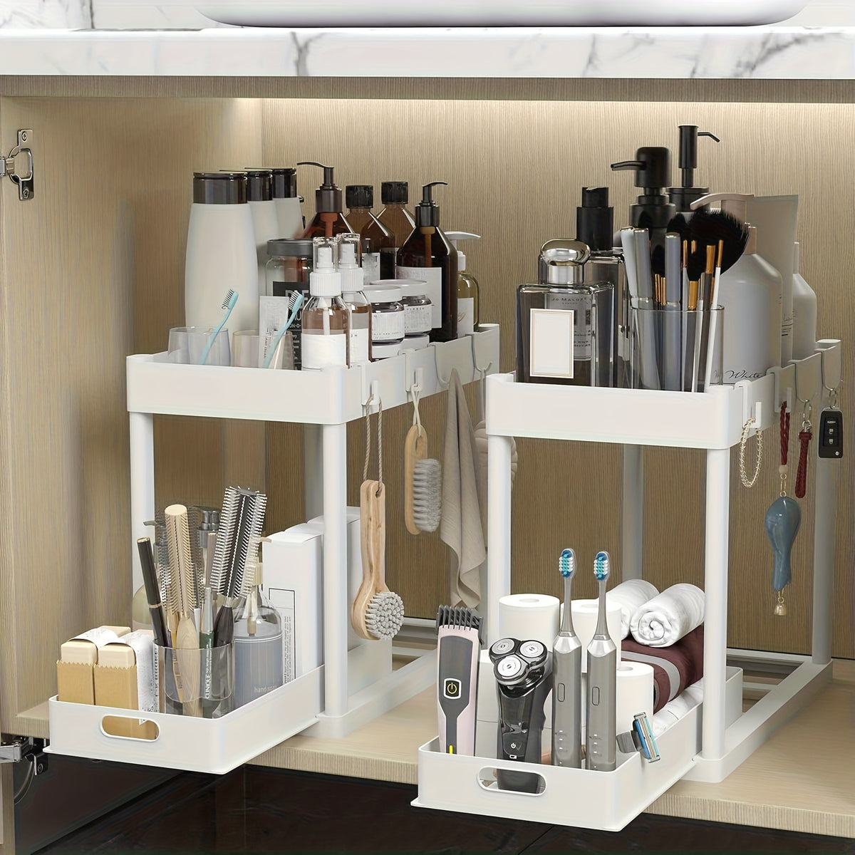 Under Sink Organizer 2 Pack – Double Tier Sliding Storage Basket with 8 Hooks, Adjustable Cabinet Organizer for Kitchen Bathroom Under Sink Storage, Moonlight White Matt Black Light Gray