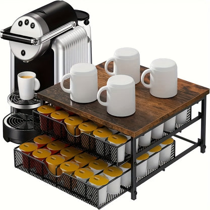 K-Cup Storage Drawer Metal Coffee Pod Holder – Sliding Basket Capsule Organizer for Kitchen Counter, Holds 48 Double-Layer Coffee Capsules, Space-Saving Countertop Coffee Station, Brown