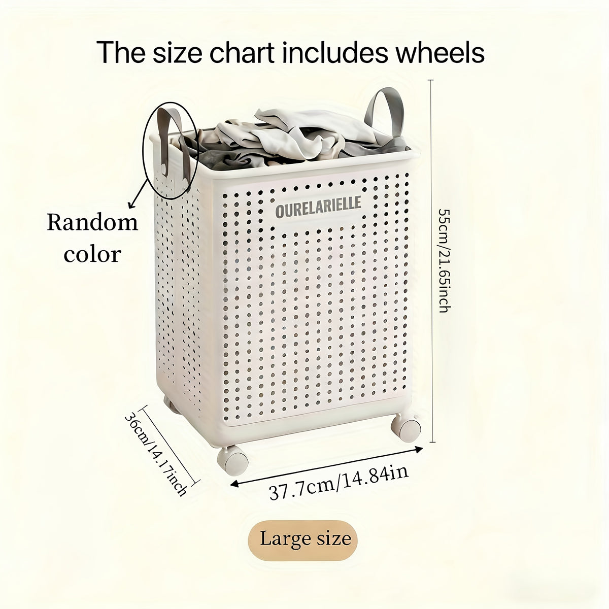 Foldable Laundry Basket with Wheels Large Capacity – Plastic Collapsible Wheeled Hamper for Bathroom, Balcony & Small Apartment, Portable Rolling Laundry Bin in Cream & White