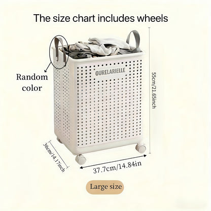 Foldable Laundry Basket with Wheels Large Capacity – Plastic Collapsible Wheeled Hamper for Bathroom, Balcony & Small Apartment, Portable Rolling Laundry Bin in Cream & White