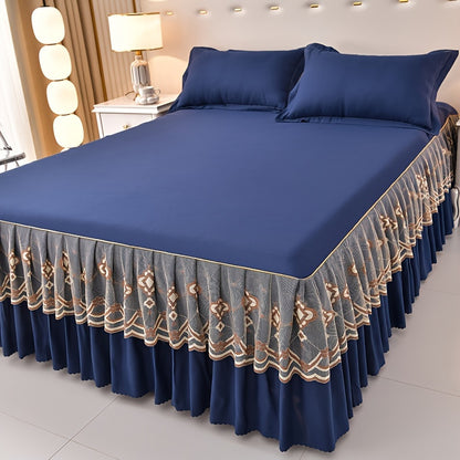 Macrame Bed Skirt Set 3 Piece with Pillowcases – Double Layer Lace Non-Slip Bedding for Twin Full Queen King, All Seasons, Red Grey Navy Purple