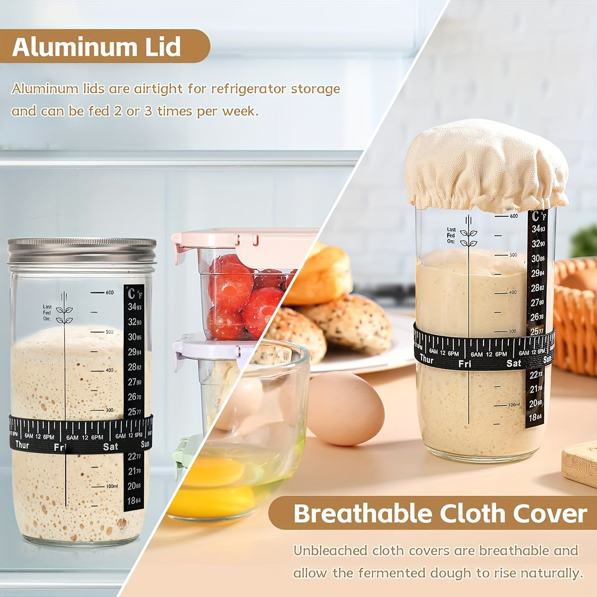 24oz Glass Fermentation Jar Kit with Thermometer, Scraper, Cloth & Aluminum Lid - Bread Baking & Juice Fermentation Set, 1 or 2 Pack