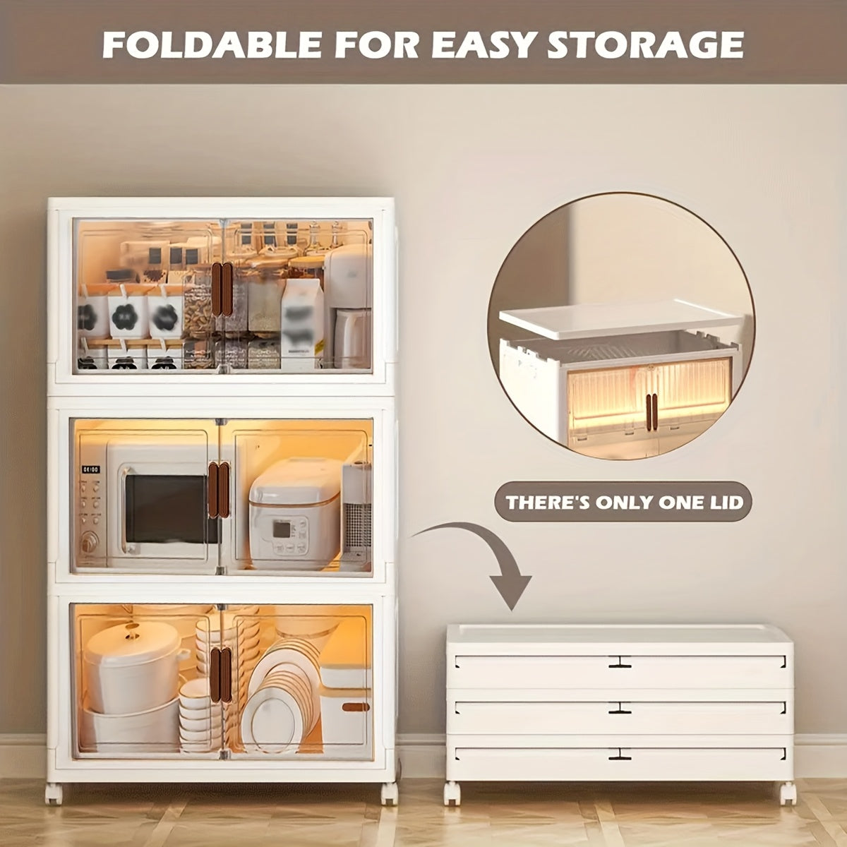 Stackable Storage Locker with Doors and Wheels - Collapsible Plastic Cabinet 1-5 Layers Large Capacity Home Organization for Bedroom Living Room Kitchen