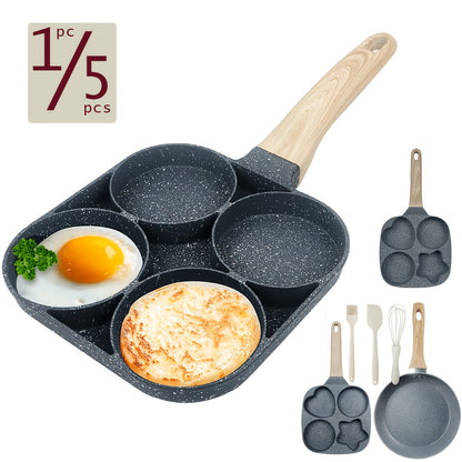 Non-Stick Breakfast Skillet Set – 4-Hole Egg Pan & 5-Piece Cookware Set with Heat-Resistant Wooden Handle for Eggs, Burgers & Omelettes, Easy Clean, Perfect for Home Kitchen Cooking