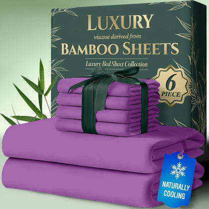 Bamboo Cooling Bed Sheets 6 Piece Set - 17 Inch Deep Pocket Fitted Sheet for Hot Sleepers, Cloud-Soft Luxury Flat Sheet & Pillowcases, Twin Full Queen King, Breathable Hypoallergenic Bedroom Bedding