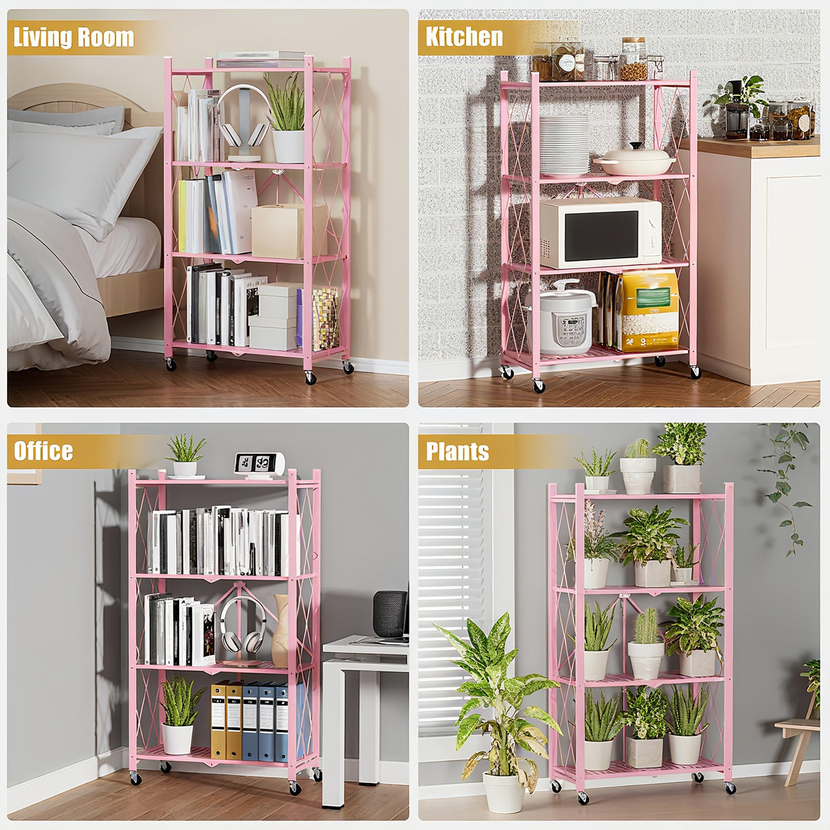 Portable Storage Rack with Lockable Wheels, 3 or 4 Tier Foldable Shelving Unit, Carbon Steel Floor Standing Shelf for Bedroom Bathroom Balcony Garden, No Assembly Required, Space Saving Rolling Organizer