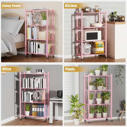Portable Storage Rack with Lockable Wheels, 3 or 4 Tier Foldable Shelving Unit, Carbon Steel Floor Standing Shelf for Bedroom Bathroom Balcony Garden, No Assembly Required, Space Saving Rolling Organizer