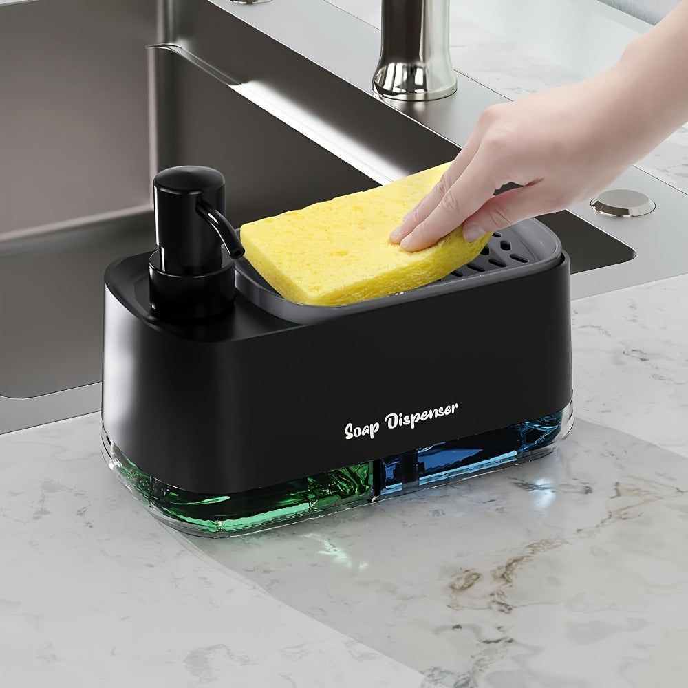Soap Dispenser with Built-In Sponge Holder, Leak-Proof Battery-Free Pump, Space-Saving Countertop Organizer for Kitchen & Bathroom, Hygienic Hands-Free Design, Durable Rectangular Dispenser
