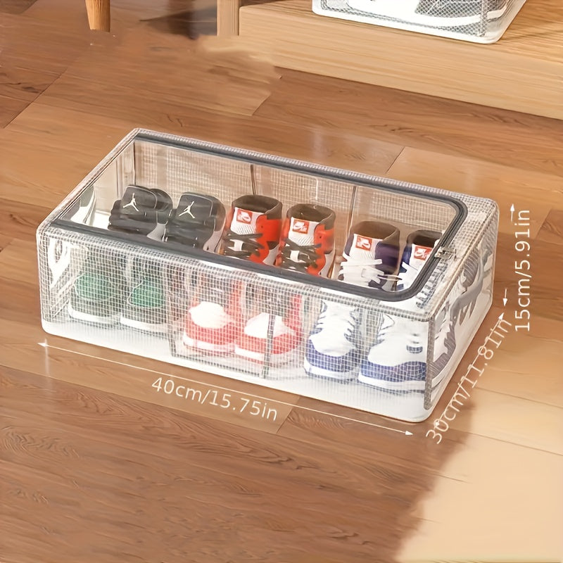 Shoe Storage Boxes Clear 2 Pack - Transparent PVC Stackable Shoe Organizer with Steel Frame & Foldable Design, Space Saving Shoe Rack for Closet Home Dorm Under Bed Organization