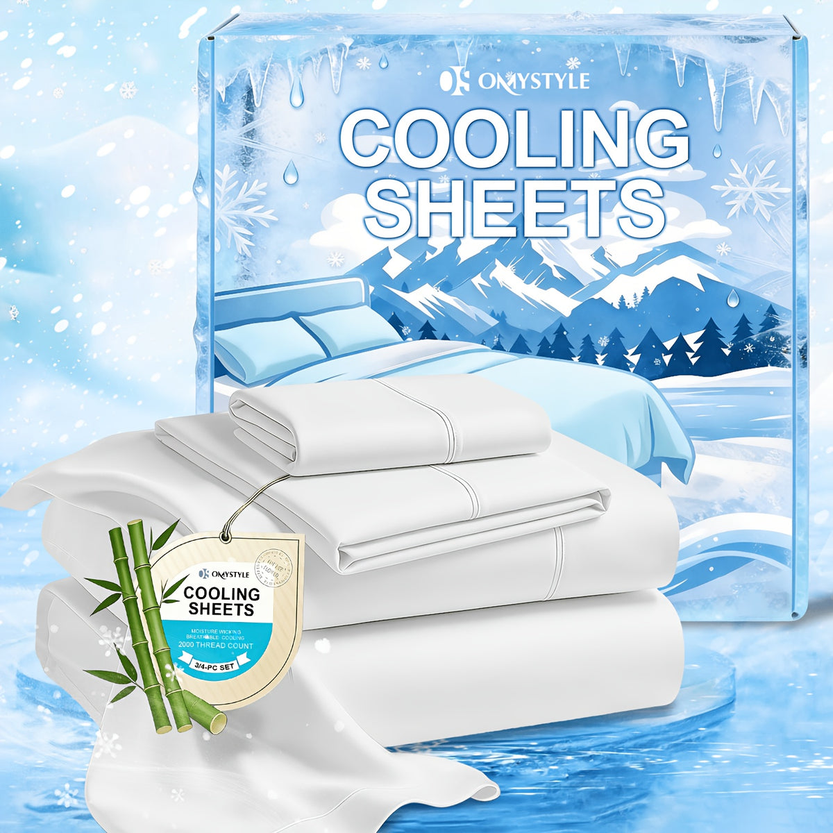 Ice-Cooling Bamboo Sheets Set Deep Pocket - Ultra Soft Breathable Skin-Friendly Fitted Sheet Flat Sheet & Pillowcases, Wrinkle-Free, All Season, Kids & Hot Sleepers, Twin Full Queen King