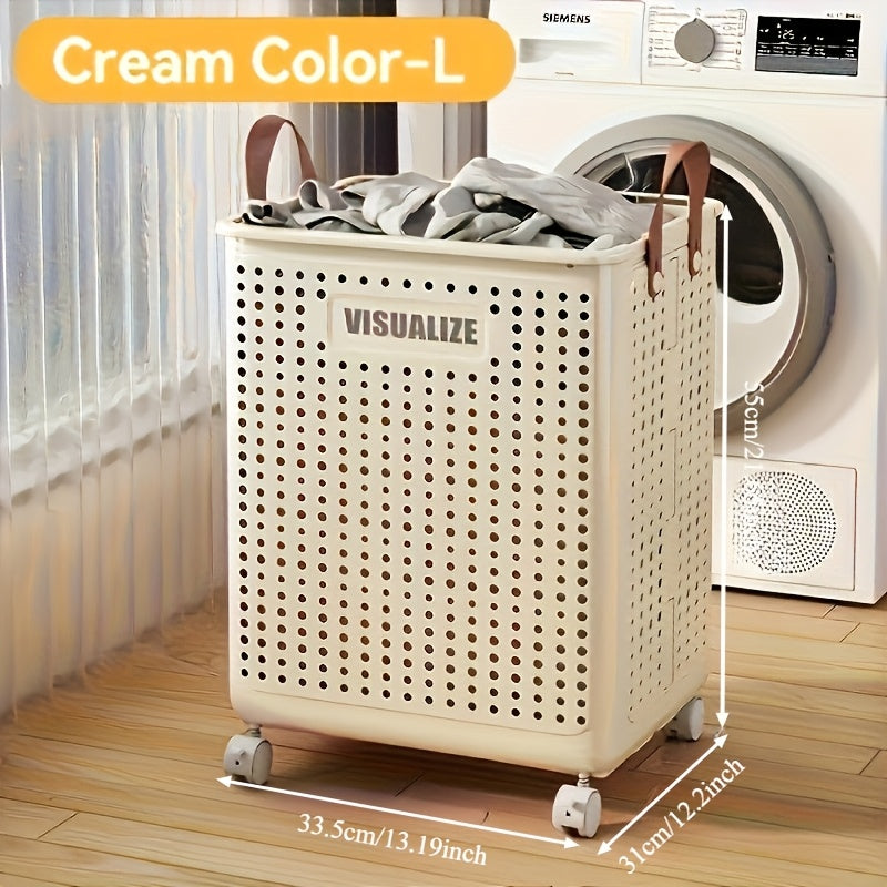 Laundry Basket with Wheels Extra Large Foldable - Breathable Rolling Laundry Hamper with Faux Leather Handles, Collapsible Space-Saving Clothes Storage Bin for Bathroom, Bedroom & Dorm, White Cream