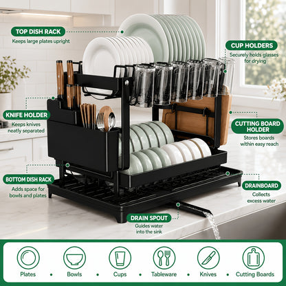 Metal Dish Drying Rack 2 Tier with Drainboard – Rust-Resistant Countertop Dish Drainer, Space-Saving Kitchen Organizer for Plates Cups Utensils, Available in Gray White Black