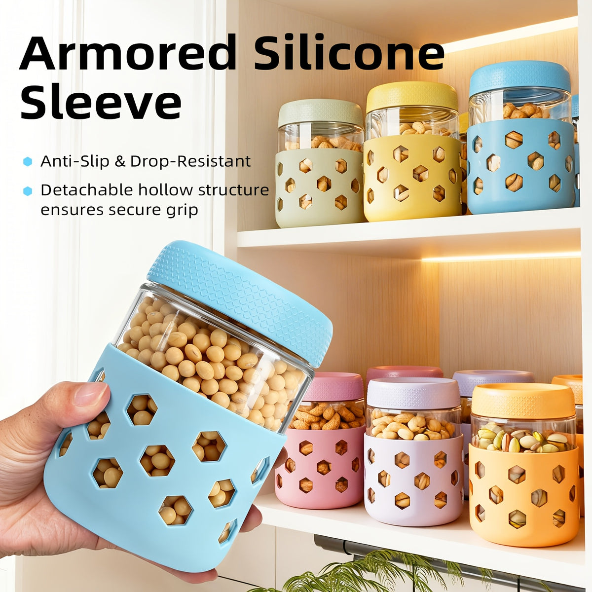 Airtight Glass Food Storage Jars with Silicone Sleeves 6 Pack – 16oz Moisture-Proof Pantry Canisters for Tea Grains Nuts Snacks & Yogurt, Leak-Proof Kitchen Organization Containers with Lids