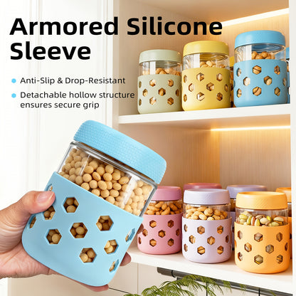Airtight Glass Food Storage Jars with Silicone Sleeves 6 Pack – 16oz Moisture-Proof Pantry Canisters for Tea Grains Nuts Snacks & Yogurt, Leak-Proof Kitchen Organization Containers with Lids