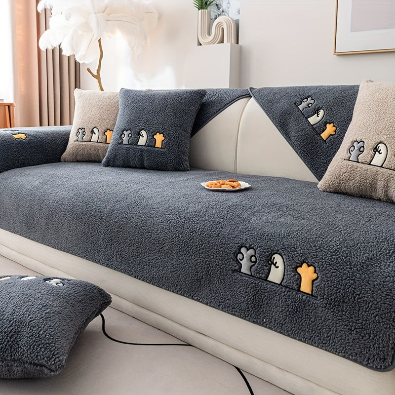 Sofa Cover Plush Shearling Non-Slip Pet-Friendly – Thick Couch Protector with Animal Bone Embroidery for 2 3 4 Seater, Soft Warm Slipcover for Living Room Bedroom Office in Dark Gray Off White Coffee Black