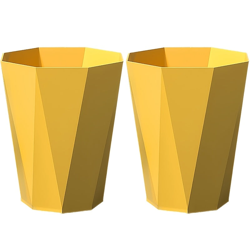 Nordic Octagonal Trash Bins Set of 2 - Geometric Plastic Small Wastebasket for Home Office, Bathroom, Kitchen & Bedroom, Modern Open-Top Waste Bin with Brushed Finish