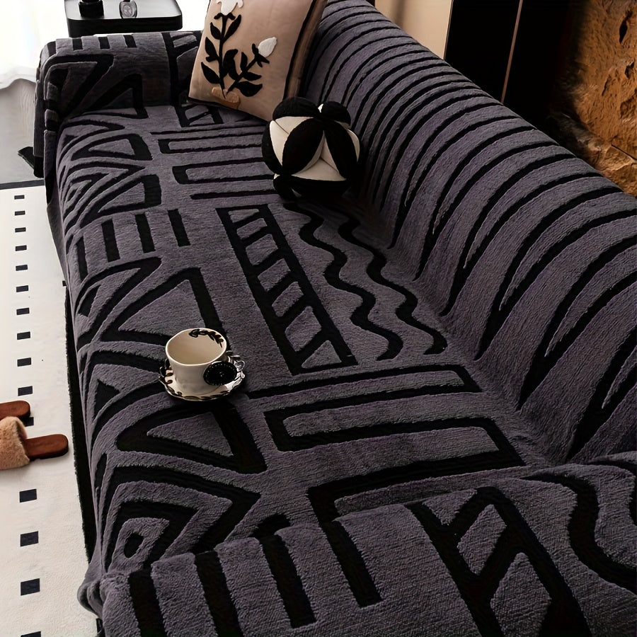 Sofa Cover Couch Protector Bohemian Retro Woven Velvet Throw Blanket – Pet Friendly Slip Resistant Machine Washable Soft Plush Slipcover for Armchair Loveseat 3 4 Seater Sectional Sofa White Grey Dark Gray