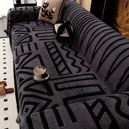 Sofa Cover Couch Protector Bohemian Retro Woven Velvet Throw Blanket – Pet Friendly Slip Resistant Machine Washable Soft Plush Slipcover for Armchair Loveseat 3 4 Seater Sectional Sofa White Grey Dark Gray
