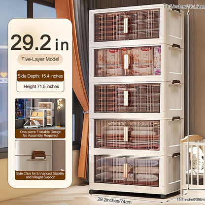 Folding Storage Cabinet with Wheels & Lids – 3/4/5-Tier Extra Large Stackable Plastic Storage Bins Organizer, Translucent Magnetic Doors, for Home, Office, Kitchen, Bathroom, Garage