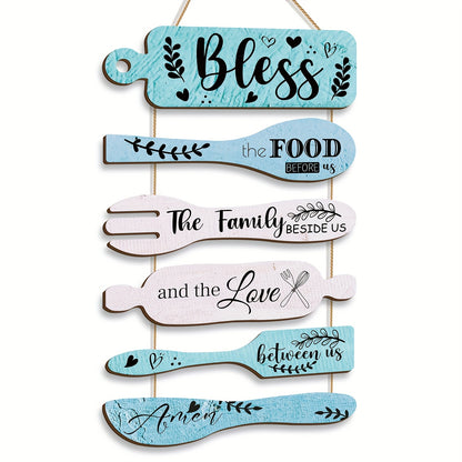 Farmhouse Kitchen Wall Decor Wood Sign Set – Bless The Food Before Us Rustic Dining Room Hanging Wall Art Rope Plaque, 6 Pieces Wood Board