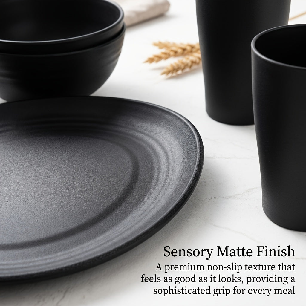 Wheat Straw Dinnerware Set 16/32 Piece, Unbreakable Plastic Plates Bowls Cups for Camping Outdoor Picnic, BPA-Free Lightweight Tableware for 4/8 People, Dishwasher Safe Kitchen Dining Set Black Colorful