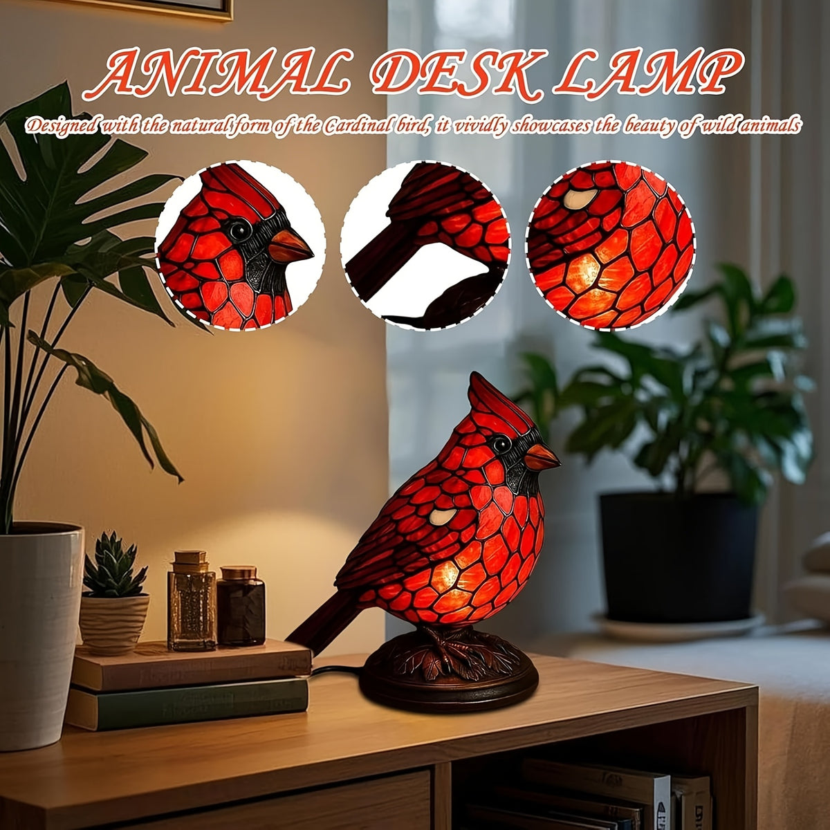 Red Cardinal Bird Decorative Light, USB Powered LED Night Light with Geometric Pattern Base, Tabletop Accent Lamp for Bedroom Living Room Study Christmas Holiday Decor, Cardinal Gift for Bird Lovers