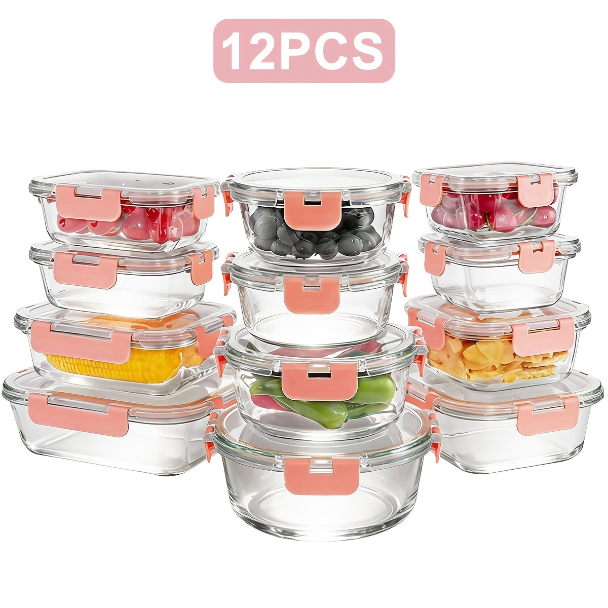 Glass Meal Prep Containers 12-Pack Thickened with Lids, Airtight Leak-Proof Glass Food Storage Containers for Lunch, Microwave Oven Freezer & Dishwasher Safe Bento Boxes for Kitchen Pantry