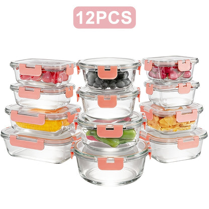 Glass Meal Prep Containers 12-Pack Thickened with Lids, Airtight Leak-Proof Glass Food Storage Containers for Lunch, Microwave Oven Freezer & Dishwasher Safe Bento Boxes for Kitchen Pantry