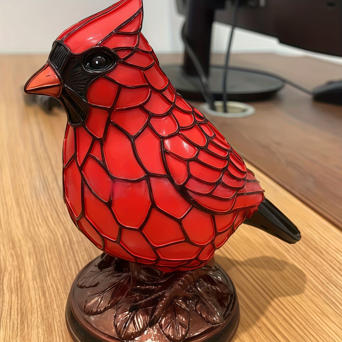 Red Cardinal Bird Decorative Light, USB Powered LED Night Light with Geometric Pattern Base, Tabletop Accent Lamp for Bedroom Living Room Study Christmas Holiday Decor, Cardinal Gift for Bird Lovers