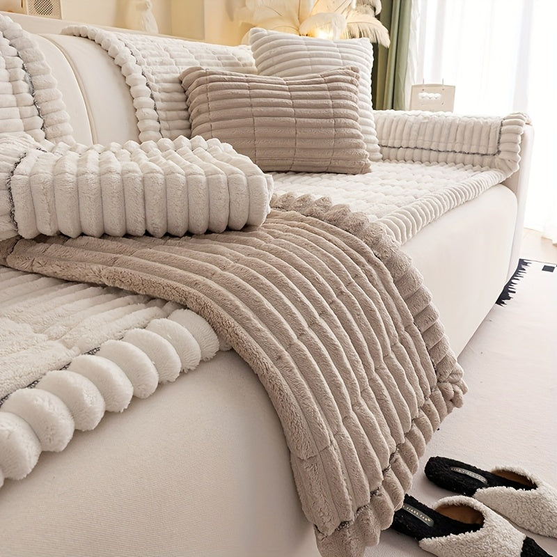 Sofa Cover Plush Velvet - Washable Stretch Couch Cover with Wavy Edge, Soft Shu Velveteen Sofa Protector for 1 2 3 4 Seater, Easy Install Furniture Cover in White Khaki Gray