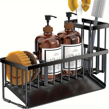 Kitchen Sink Organizer with Drain Tray - Heavy Duty 304 Stainless Steel Rust-Proof Sink Caddy, Sponge Holder, Brush Rack, Space-Saving Countertop Storage Basket for Kitchen Sink, Black