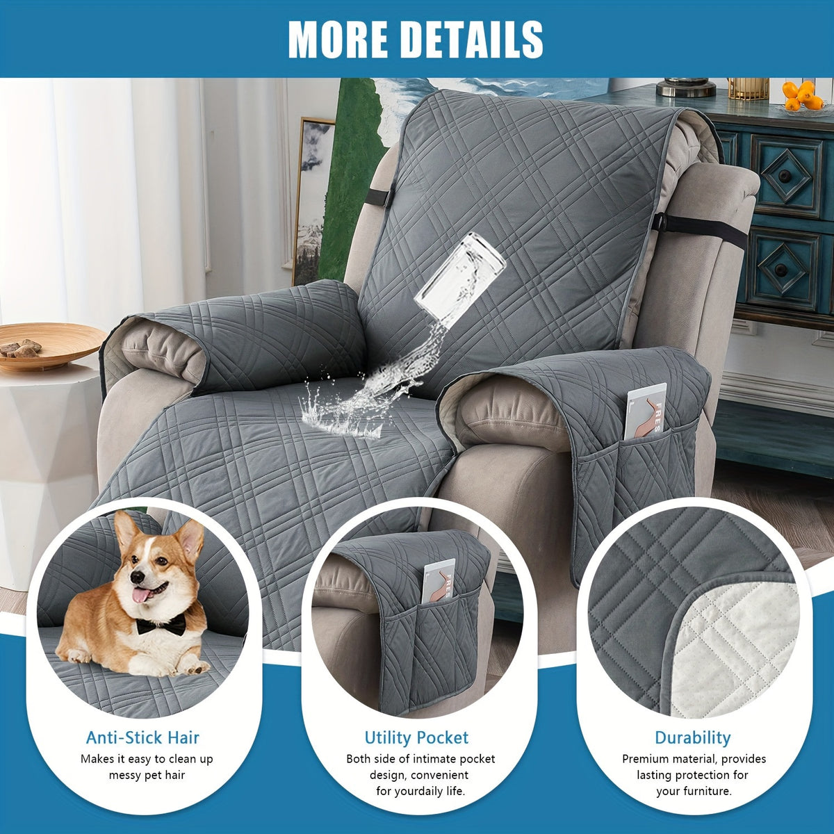 Waterproof Recliner Chair Cover Non-Slip with Pocket & Pet Scratch Protection – Washable Sofa Slipcover Furniture Protector for Living Room, Bedroom, Multi-Color Options
