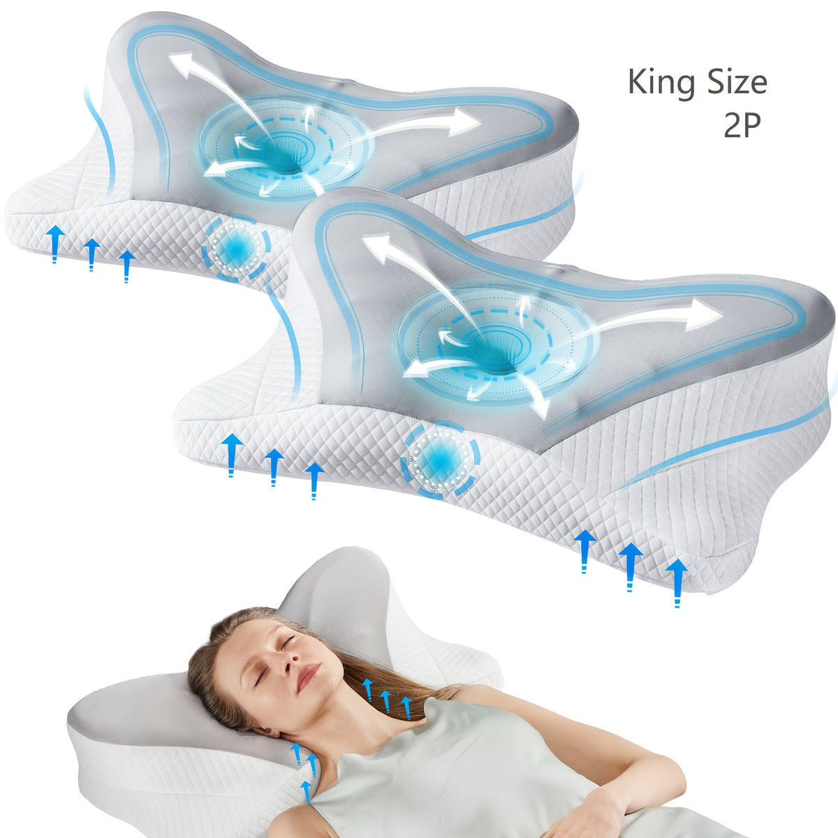 Cervical Neck Pillow Memory Foam Ergonomic Contour for Side Back Stomach Sleepers - Orthopedic Neck Support with Cooling Pillowcase, Grey White King Standard 2-Pack