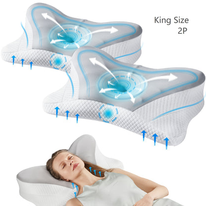 Cervical Neck Pillow Memory Foam Ergonomic Contour for Side Back Stomach Sleepers - Orthopedic Neck Support with Cooling Pillowcase, Grey White King Standard 2-Pack