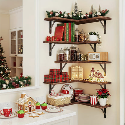 Corner Floating Shelves Rustic Wood 5 or 6 Piece Wall Mounted Heavy Duty Space Saving Storage Shelf for Bathroom Kitchen Bedroom Living Room, Easy Install 8 Colors