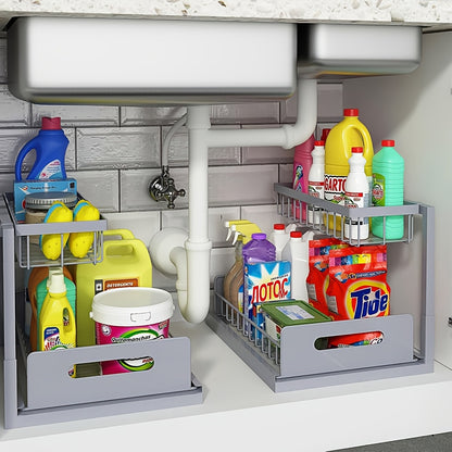 Metal Pull Out Under Sink Organizer with Sliding Drawer – Sturdy Steel Under Sink Storage Shelves for Kitchen & Bathroom Cabinet Organization, Black White Gray, 1 Pack & 2 Pack