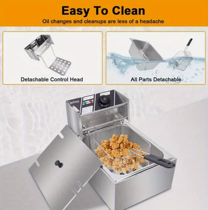 Stainless Steel Electric Deep Fryer with 2 Baskets & Lids – 5000W 10QT Large Capacity, Adjustable Temperature 140–392°F, US Plug, for French Fries, Chicken & Donuts, Home & Commercial Kitchen