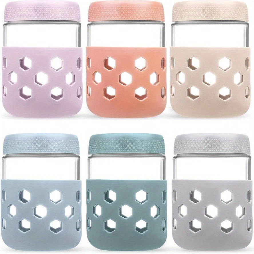 Airtight Glass Food Storage Jars with Silicone Sleeves 6 Pack – 16oz Moisture-Proof Pantry Canisters for Tea Grains Nuts Snacks & Yogurt, Leak-Proof Kitchen Organization Containers with Lids