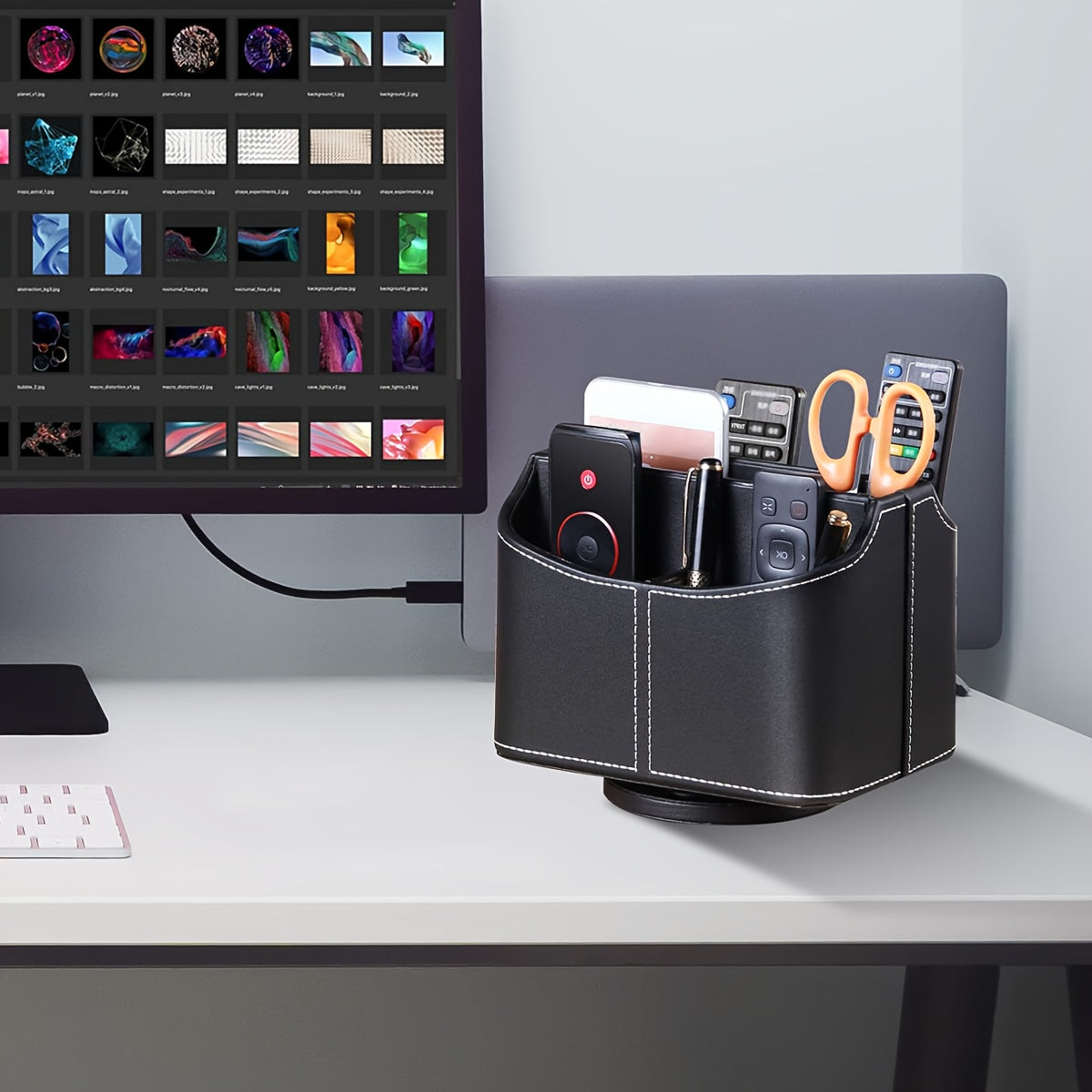 360° Swivel Remote Control Holder 5 Compartments PU Leather Desktop Organizer Caddy - Multifunctional Storage Box for TV Remotes Phones Glasses Cosmetics Stationery - Home Office Decor