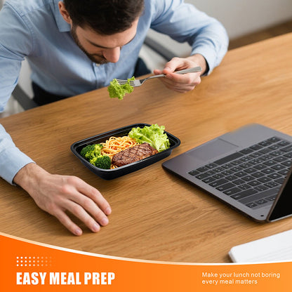 Meal Prep Containers with Lids 28oz Bulk Set - Stackable Leakproof Food Storage Containers, Reusable Bento Lunch Box, Microwave Dishwasher Freezer Safe for Meal Prep, Takeout & Catering, Black Rectangular
