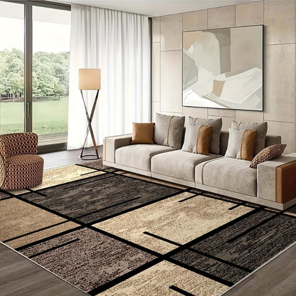 Velvet Area Rug Machine Washable – 850 GSM Thick Soft Fade-Resistant Polyester Carpet with Geometric Pattern for Living Room Bedroom Office, Lightweight Non-Slip Rectangle Mat, Beige Brown