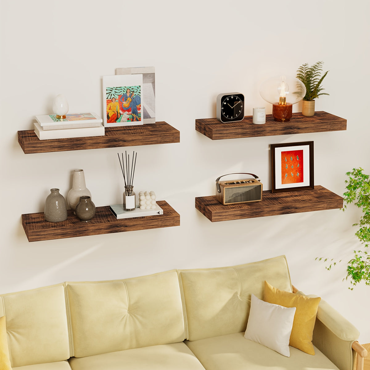 Rustic Floating Shelves 15.8 Inch 4 or 8 Pack – Wall Mounted Wood Shelf with Invisible Brackets for Home Decor Living Room Bedroom Bathroom Kitchen Brown Black White Gray