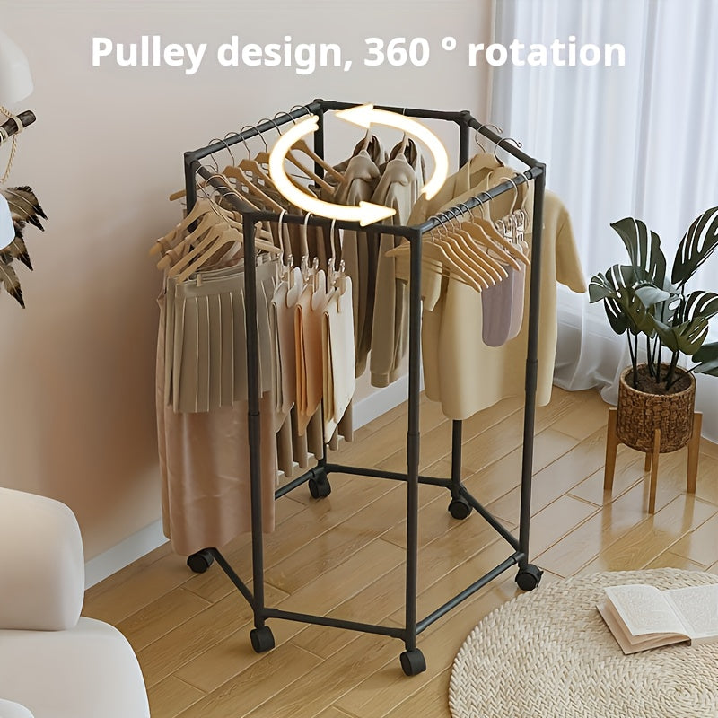 Rotating Clothes Rack Hexagonal – Freestanding 360° Rotary Vertical Clothing Hanging Rack for Laundry Room Bedroom, Space Saving Garment Organizer for Small Apartment, Black or White with Optional Mesh Bag