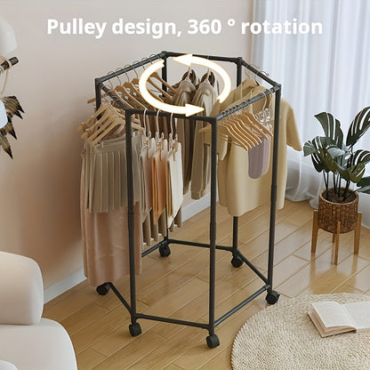 Rotating Clothes Rack Hexagonal – Freestanding 360° Rotary Vertical Clothing Hanging Rack for Laundry Room Bedroom, Space Saving Garment Organizer for Small Apartment, Black or White with Optional Mesh Bag