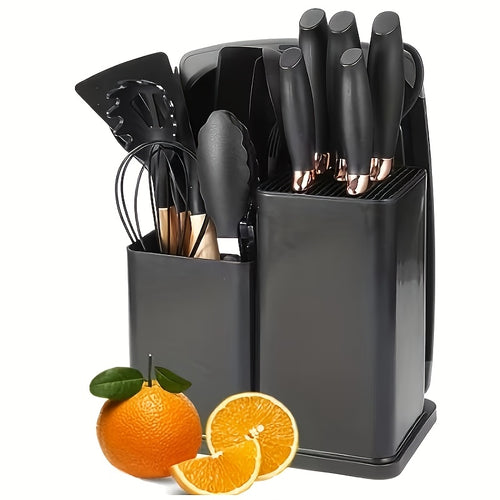 Silicone Cookware Set 19pcs Non-Stick with Bamboo Storage Containers & Knives – Heat-Resistant Pots Pans Utensils, Wooden Handle, Induction & Oven Safe, Kitchen Cooking Gift