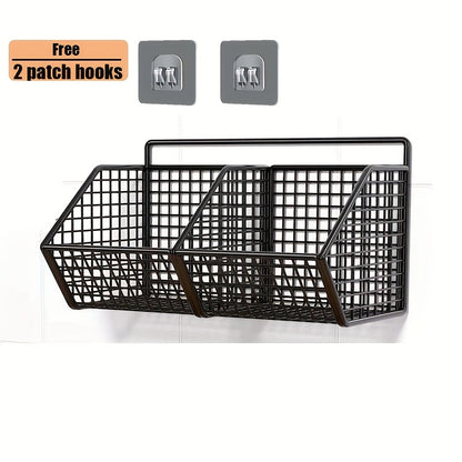 Kitchen Wall Organizer Wire Storage Shelf – No Drill Traceless Wall Rack for Garlic, Onions, Vegetables & Spices, 2 or 3 Grid Space-Saving Compact Kitchen Storage, Black