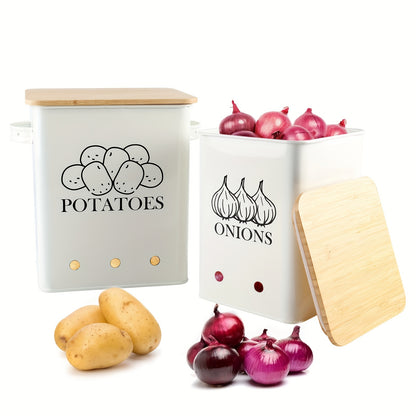 Potato Onion Storage Bin with Wooden Lid & Aerating Holes, Kitchen Vegetable Canister Organizer for Onion Potato Garlic Fruit, Countertop Food Storage Container Black White Green