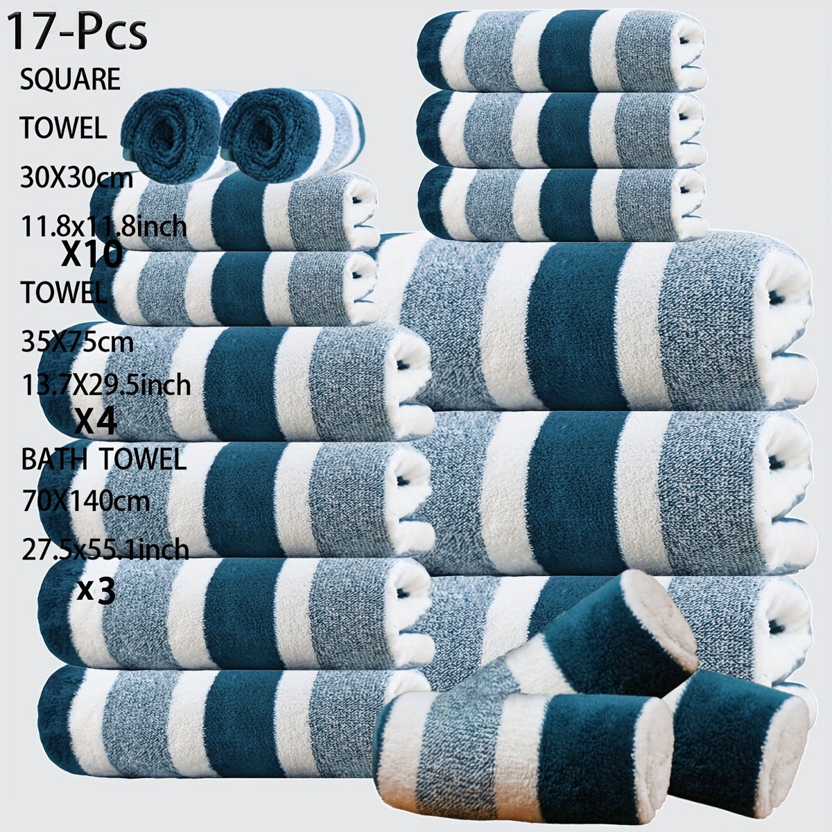 17 Pcs Bath Towel Set Quick-Dry Highly Absorbent Soft Coral Fleece Towels - Multi-Size Family Bathroom Towels with Hanging Loops for Home Hotel Spa, Plush & Durable, Navy Striped Design