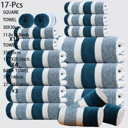 17 Pcs Bath Towel Set Quick-Dry Highly Absorbent Soft Coral Fleece Towels - Multi-Size Family Bathroom Towels with Hanging Loops for Home Hotel Spa, Plush & Durable, Navy Striped Design