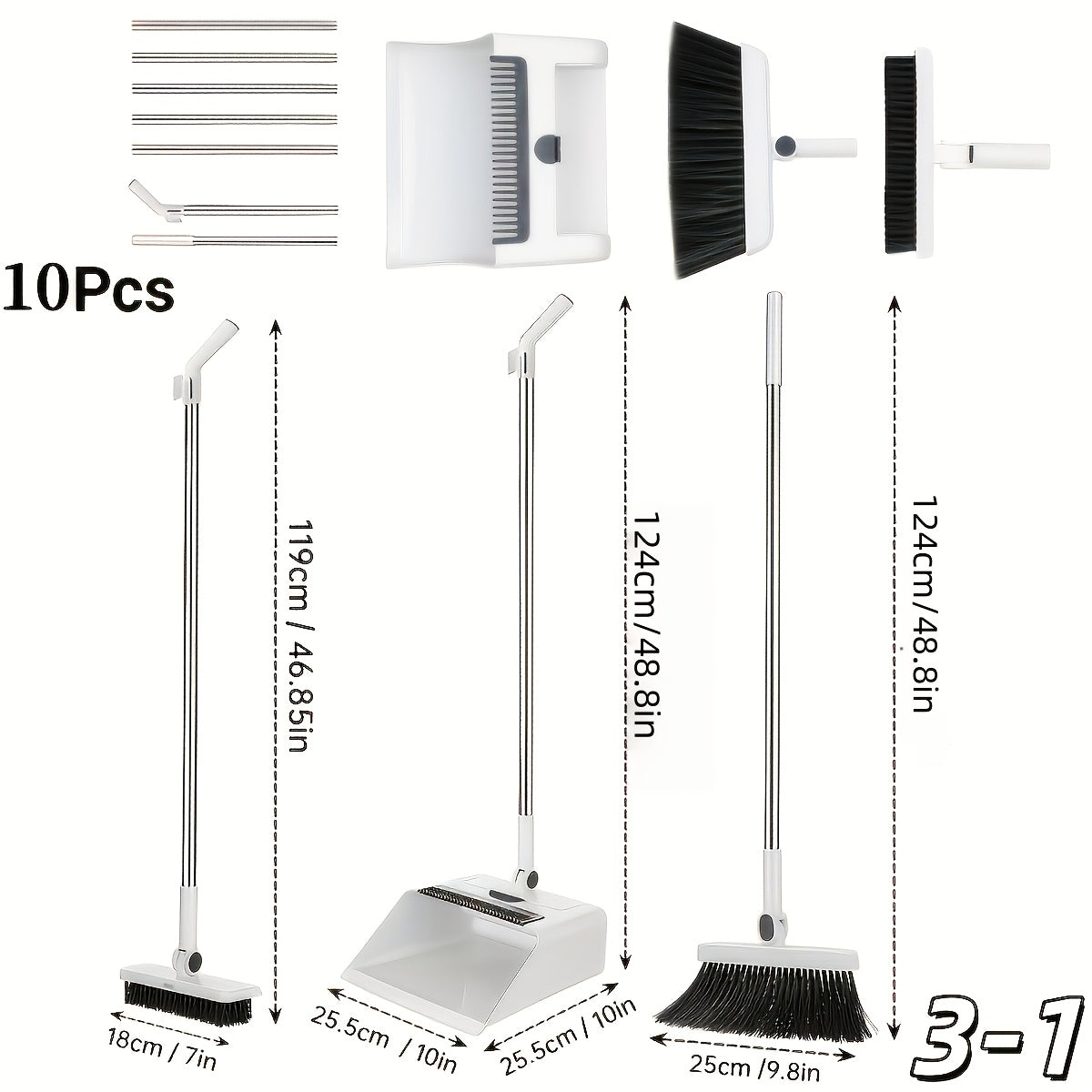 3-in-1 Upright Broom and Dustpan Set with Long Handle, Comb Teeth Dustpan, Garbage Bag Holder – Indoor Outdoor Floor Sweeping Brush Kit for Kitchen Balcony Patio Garage